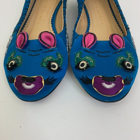 Charlotte Olympia Crouching Tiger Satin Loafer Women's Size 38  Blue - Picture 2 of 9